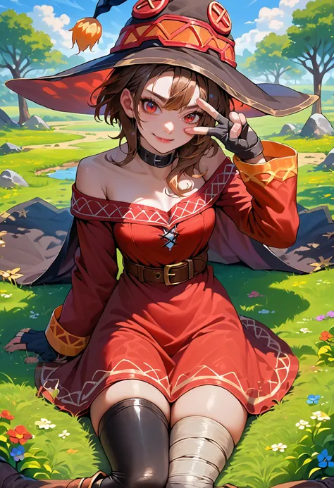 score_9,score_8_up,score_7_up,source_anime,fantasy,grass,1girl,<lora:AEMegumin:0.8>,AEMegumindef,red eyes,Brown hair,Belt choker,red dress,off-shoulder dress,Black gloves,fingerless gloves,Belt,mismatched legwear,asymmetrical legwear,bandaged leg,black thighhighs,knee boots,hat,Black cape,<lora:VctryVsg_pdxl_EliPot>,vgtsav,hand on own face,