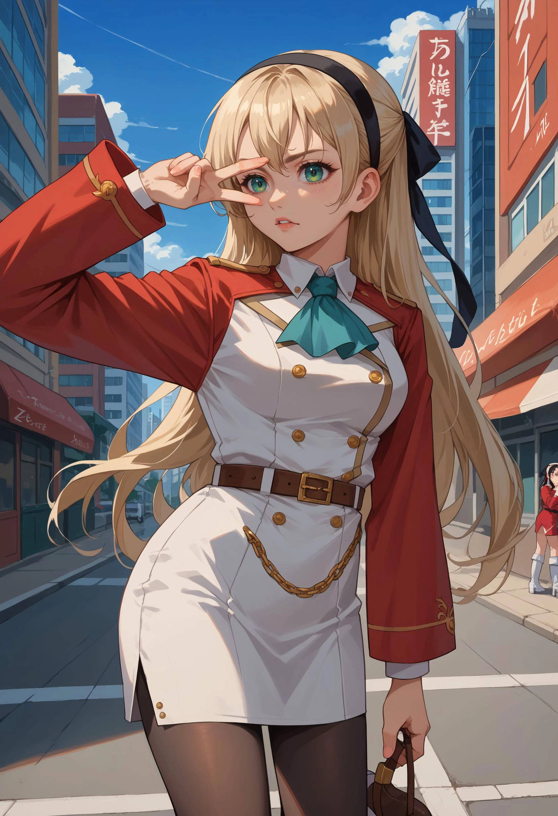 score_9, score_8_up,score_7_up, source_anime, 1girl, solo,
bivgtsav, hand on own face,
<lora:VctryVsg_pdxl_EliPot:1> ,
<lora:elie-pdxl-nvwls-v1:0.8> zeroElie, black hairband, hair ribbon, long hair, ascot, uniform, long red sleeves, white dress, pencil skirt, belt, black pantyhose, white boots,
blue sky, cityscape, street,