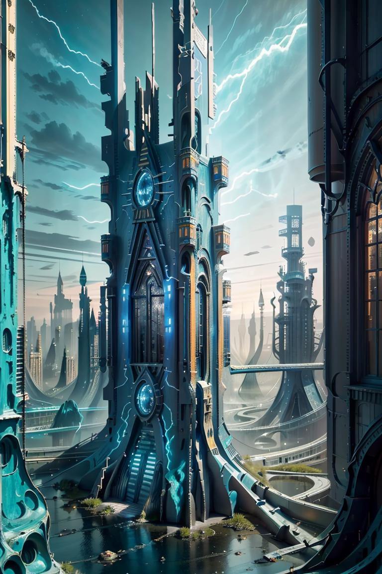 Futuristic city with a clock tower and a bridge in the middle - SeaArt AI