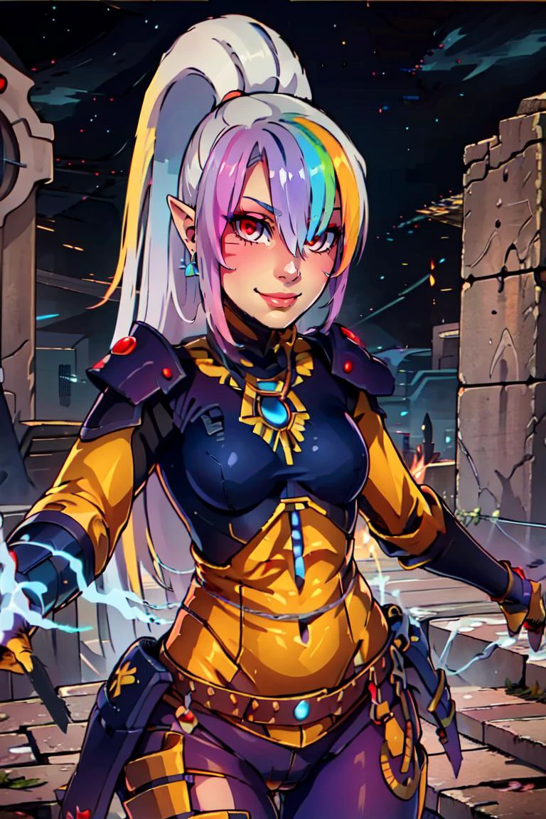 ((masterpiece,best quality)), <lora:Eldar_World:0.8>, Eldar_World, scifi, long hair, ponytail, jewelry, orange hair, armor, makeup, lipstick, body armor, gauntlets, shoulder armor, cowboy shot, <lora:Roxy_Citron_OC_AnyLora:0.7>, Roxy_Citron_OC, 1girl, solo, pointy ears, armor, colored skin, magic, red eyes, white hair, rainbow hair, long hair, streaked hair, hair between eyes, smile, blue glow, blue theme, swirling energy,