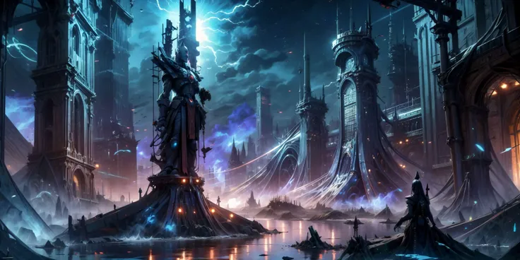 ((masterpiece,best quality)),, Eldar_World, scifi, building, structure, still life, no humans, skyscraper, made of bone, big modern city, blue glow, blue theme, swirling energy, statue, large scale:1.5, panorama:1.5
<lora:Eldar_World:0.8>