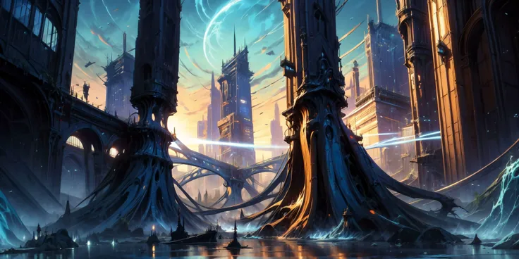 ((masterpiece,best quality)),, Eldar_World, scifi, building, structure, still life, no humans, skyscraper, made of bone, big modern city, blue glow, blue theme, swirling energy, statue, large scale:1.5, panorama:1.5
<lora:Eldar_World:0.8>