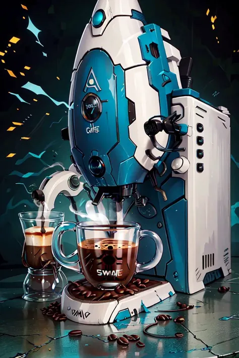 ((masterpiece,best quality)), <lora:Eldar_World:0.8>, Eldar_World, scifi,(coffee machine:1.2), coffee mug, blue glow, blue theme, swirling energy,