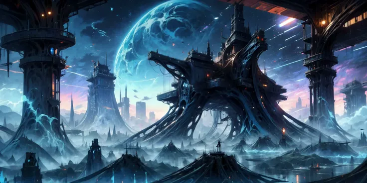 ((masterpiece,best quality)),, Eldar_World, scifi, building, structure, still life, no humans, skyscraper, made of bone, big modern city, blue glow, blue theme, swirling energy, large scale:1.5, panorama:1.5
<lora:Eldar_World:0.8>