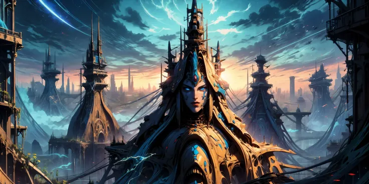 ((masterpiece,best quality)),, Eldar_World, scifi, building, structure, still life, no humans, skyscraper, made of bone, big modern city, blue glow, blue theme, swirling energy, statue, large scale:1.5, panorama:1.5
<lora:Eldar_World:0.8>