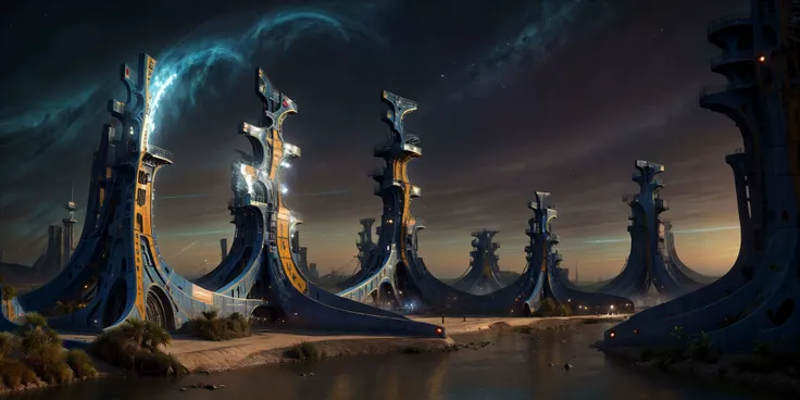 ((masterpiece,best quality)),, Eldar_World, scifi, building, structure, still life, no humans, skyscraper, made of bone, big modern city, blue glow, blue theme, swirling energy, large scale:1.5, panorama:1.5
<lora:Eldar_World:1>