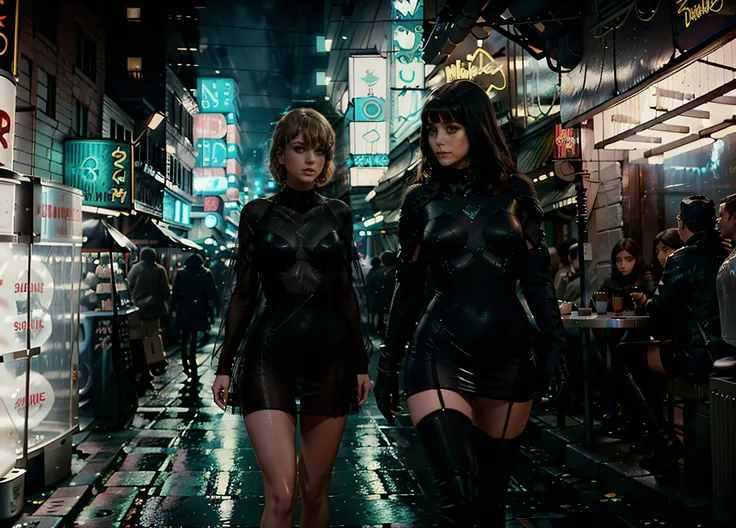film scene of taylor swift standing and talking to to a man in a narrow street ,crowded with people, clear see through plastic dress ,slim and athletic , petite , dynamic pose , , 8k ,artstation, highly detailed, epic art, low lighting dark scene scifi, <lora:last:0.8> from blade runner ,night time, noodle bar , shops neon adverts, cinamatic, colour grading