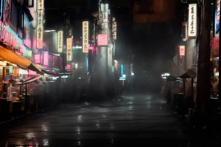 <lora:Blade Runner v.2.2:1> night scene, Japanese street, neon, food booths, kiosks, future cars, golden gai sector, fog, rain