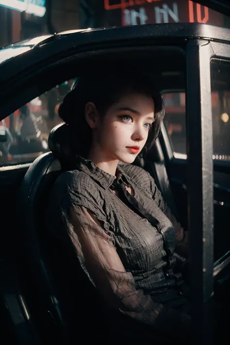 Photo of a woman in a city street, inside a car, skinny, tight dress, (cinematic look:1.4), soothing tones, insane details, intricate details, hyperdetailed, low contrast, soft cinematic light, (dim colors:0.6), hdr, raw, slate gray atmosphere, (looking to the camera:1.5), blue eyes, (smooking:1.2), red lips, smiling, raining outside
<lora:Blade Runner 1982:0.8>