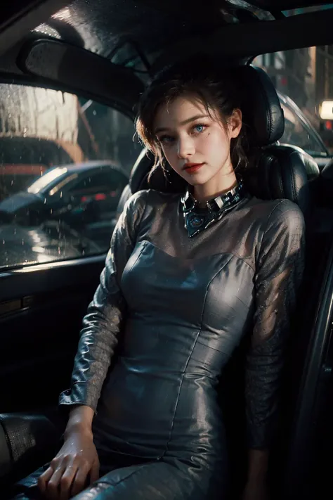 Photo of a woman in a city street, inside a car, skinny, tight dress, (cinematic look:1.4), soothing tones, insane details, intricate details, hyperdetailed, low contrast, soft cinematic light, blurry, (dim colors:0.6), hdr, raw, slate gray atmosphere, blue eyes, red lips, smiling, (raining outside:1.2), wet glass
<lora:Blade Runner 1982:0.8>