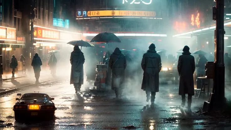 ((Best quality)), ((masterpiece)), (highly detailed:1.3), cyberpunk noodle bar at night in the rain,city, cinematic, inspired by bladerunner, inspired by syd mead,HDR (High Dynamic Range),,Ray Tracing,NVIDIA RTX,Super-Resolution,Unreal 5,Subsurface scattering,PBR Texturing,Post-processing,Anisotropic Filtering,Depth-of-field,Maximum clarity and sharpness,Multi-layered textures,Albedo and Specular maps,Surface shading,Accurate simulation of light-material interaction,Perfect proportions,Octane Render,Two-tone lighting,Low ISO,White balance,Rule of thirds,Wide aperature,8K RAW,Efficient Sub-Pixel,sub-pixel convolution,light scattering,Tyndall effect,<lora:Blade Runner v.2.2:0.8>