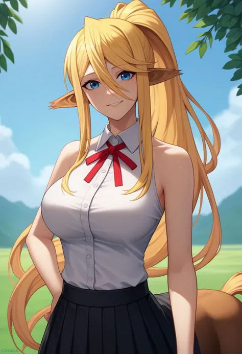 score_9, score_8_up, score_7_up, source_anime, solo, 1girl, centorea shianus, monster girl, centaur, smile, looking at viewer, ponytail, animal ears, pointy ears, white shirt, collared shirt, sleeveless shirt, neck ribbon, red ribbon, horse tail, bare shoulders, large breasts, outdoors <lora:monstermusume_centorea_ponyXL:1>