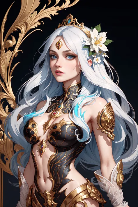 (skeleton like:0.4), ((female ornate princess)), (with white long flowing hair), (bright beautiful eyes), trending on artstation, flowers of hope by Jean-Honor Fragonard, Peter mohrbacher, hyper detailed, insane details, stunning, intricate, elite, art nouveau, ornate, liquid wax, elegant, extravagant, luxury, Greg Rutkowski, ink style, sticker, vector-art, beautiful character design, double exposure shot, luminous design, award winning, masterpiece, amoled black background, (full torso),