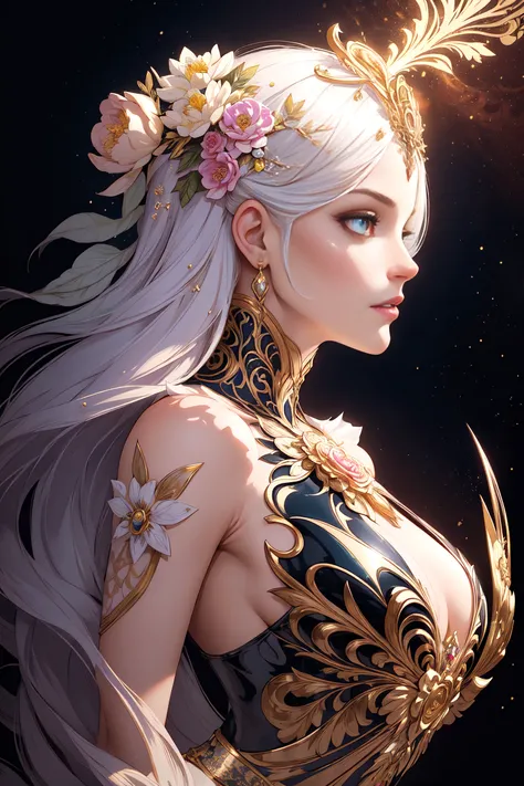 (analog style),(photorealistic:1.3), (skeleton like:0.4), ((female ornate princess)), (with white long flowing hair), (bright beautiful eyes), trending on artstation, flowers of hope by Jean-Honor Fragonard, Peter mohrbacher, hyper detailed, insane details, stunning, intricate, elite, art nouveau, ornate, liquid wax, elegant, luxury, Greg Rutkowski, ink style, sticker, vector-art beautiful character design, double exposure shot, luminous design, award winning, masterpiece, amoled black background, pale skin, subsurface scattering,