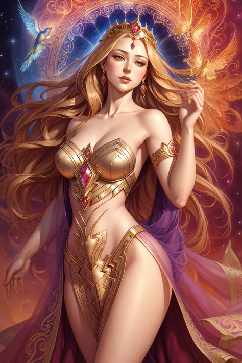 ((Full Body)), (((Head to toe))), 1 virgin, solo, Beautiful blush slender Venus (((With gorgeous blonde hair))), Small bust, narrow waist, Thin thighs, Thin legs, (((Virgo constellation background))), (((gorgeous gold armor, long gold loincloth))), rose-quartz Necklace, rose-quartz tiara, gold veil, (((American comic style with dark contours))), (((art by J. Scott Campbell)))