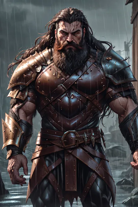 (Cinematic Photo:1.3) of (Ultra detailed:0.3) photo of the most beautiful artwork in the world featuring soft lustrous, ((epic heroic fantasy muscular rugged wet wounded hero man angry looking with (long hair) and (long beard) and fierce looking in a dynamic posture)), ((leather armor)), full face, (dark background:1.4) (epic realistic, hdr, cinematic, rim light, muted:1.3), ((fantastic location, majestic cluttered environment)), skin pores, realistic skin, very dark lighting, heavy shadows, detailed face, (photo realistic, dramatic, dark, sharp focus, 8k), (weathered damaged old worn leather outfit:0.77), (intricate:0.4), (highly detailed:0.3), octane render, sharp focus, (heavy rain|small rain drops), (Cinemacolor:1.3), (chiaroscuro:0.6),