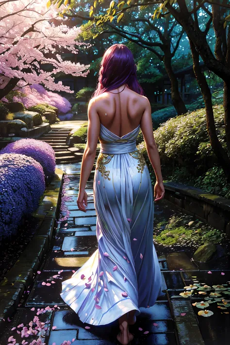 (comic style) a painting of a woman walking down a path in a beautiful lush garden, long flowing hair white dress barefoot, back to camera, (perfect body), an indigo forest in japan, sakura trees, (petals on the ground), wet pathway:0.2, lilac bushes, volumetric lighting, golden hour, side lighting, dimly lit, intricate, detailed, (oil painting), highest quality, (photorealistic:1.5), realistic colors, good anatomy, good composition, good shading, award winning, masterpiece, muted colors:0.6, centered, <lora:LowRA_v20:0.5>