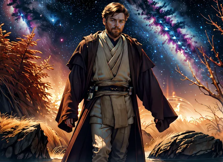 official art, unity 8k wallpaper, ultra detailed, beautiful and aesthetic, masterpiece, best quality, (fractal art:1.2), science fiction, (night:1.2), (1boy:1.3), obi wan,in jedioutfit, fighting stance, expressionless, short hair, brown hair,brown beard (cinematic lighting:1.2), milky way, alien planet in background, <lora:jedioutfit:0.8>