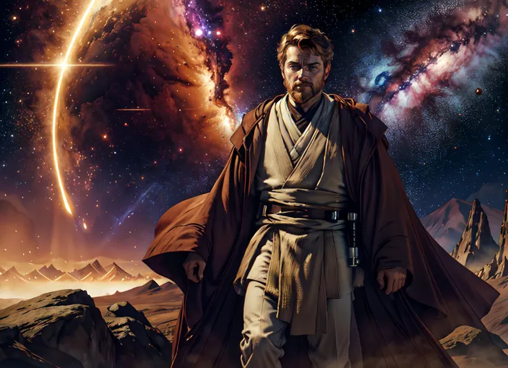 official art, unity 8k wallpaper, ultra detailed, beautiful and aesthetic, masterpiece, best quality, (fractal art:1.2), science fiction, (night:1.2), (1boy:1.3), obi wan,in jedioutfit, fighting stance, expressionless, short hair, brown hair,brown beard (cinematic lighting:1.2), milky way, alien planet in background, <lora:jedioutfit:0.8>