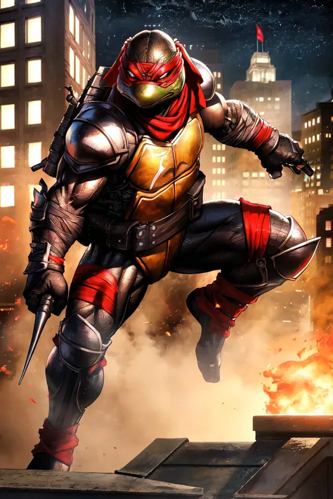 (line art:1.5), (Comic Style), (Art by Eastman and Laird) (absurdres, high quality, detailed, realistic:1.3), (female solo:1.2),NSFW,a high resolution photo of a (TMNTRaphael), a teenage mutant ninja turtle with a red bandana mask with eye-holes, holding sais,holding sai dagger weapons,toned body,veiny muscles,(full body view:1.1),evil,barefoot,(fight stance pose, action pose),dynamic pose, detailed face,looking at viewer,confident,concentrated,on a city rooftop at night, city buildings and dark night sky in background,cinematic, atmospheric, 8k, realistic lighting, shot by Hassleblad H6D, Zeiss, Kodachrome, nikon, 50mm 1.2 lens, Octane Render, ultra realistic, realistic lighting, photorealistic, photorealism, photoreal, unreal engine 5, Adobe After FX, highly detailed, intricate detail,detailed face,detailed eyes,detailed scales,(((red bandana, black bandages,metal pauldrons,metal leg armor plates))), <lora:90sTMNTRaphael_v10Alpha:0.77>