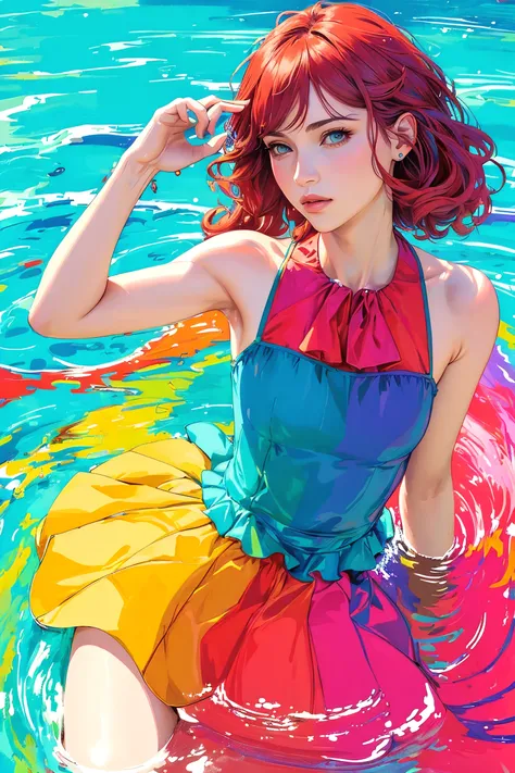 (masterpiece, award winning, best quality:1.3), (flat color:1.3),(colorful:1.3),looking at viewer,1girl,((solo)),floating colorful water,(2D:1.3), perfect lighting, perfect shading, (realistic:1.2), (mature adult:1.25), (dynamic pose), beautiful, gorgeous stunning,