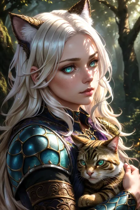woman holding cat, cat ears, chibi, blue, gold, white, purpple, dragon scaly armor, forest background, fantasy style, (dark shot:1.17), epic realistic, faded, ((neutral colors)), art, (hdr:1.5), (muted colors:1.2), hyperdetailed, (artstation:1.5), cinematic, warm lights, dramatic light, (intricate details:1.1), complex background, (rutkowski:0.8), (teal and orange:0.4), colorfull, (natural skin texture, hyperrealism, soft light, sharp:1.2), (intricate details:1.12), hdr, (intricate details, hyperdetailed:1.15), white hair,