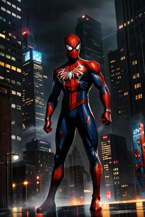 (comic style), 1boy, dark scene, (cowboy shot of spiderman), (realistic:0.8), (mid motion|speed lines:0.25), (web slinging between buildings), athletic, night city, (mist), particles, (light rain), male focus, mask, muscular:0.1, night, outdoors, rain, serious, dark atmosphere, city lights, (reflective glass), sky scrapers, new york city, detailed city background, dynamic pose, dramatic camera angle, (Art by J Scott Campbell:1.6), (volumetric lighting), (best quality), intricate details, tonemapping, sharp focus, very detailed, trending on Artstation, ((empty hands)), (good composition), (good proportions), (good architecture), (award winning), (masterwork), (masterpiece), centered:0.15,  <lora:epiNoiseoffset_v2:0.42>