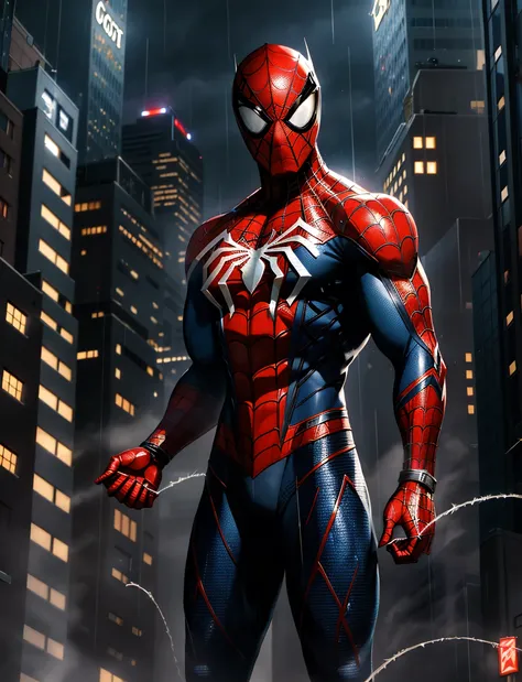 1boy, dark scene, (cowboy shot of spiderman), (realistic:0.8), (mid motion|speed lines:0.25), (web slinging between buildings), athletic, night city, (mist), particles, (light rain), male focus, mask, muscular:0.1, night, outdoors, rain, serious, dark atmosphere, city lights, (reflective glass), sky scrapers, new york city, detailed city background, dynamic pose, dramatic camera angle, (Art by J Scott Campbell:1.6), (volumetric lighting), (best quality), intricate details, tonemapping, sharp focus, very detailed, trending on Artstation, ((empty hands)), (good composition), (good proportions), (good architecture), (award winning), (masterwork), (masterpiece), centered:0.15,  <lora:epiNoiseoffset_v2:0.42>