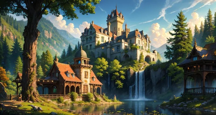 old painting style, colorful, highly detailed, high resolution, ray tracing reflections, dramatic lighting, 8k vibrant colors, detailed acrylic, intricate complexity, soft natural volumetric cinematic perfect light, oil painting, star \(sky\), landscape, empty, a larger plants, waterfall, claping,small fire, ruin, smoking,warship,a large gunfire,bodies and skull, a lot of widelife,abandoned overgrown castle mansion in a forest, oversaturated, princess tower, gazebo, balcony,