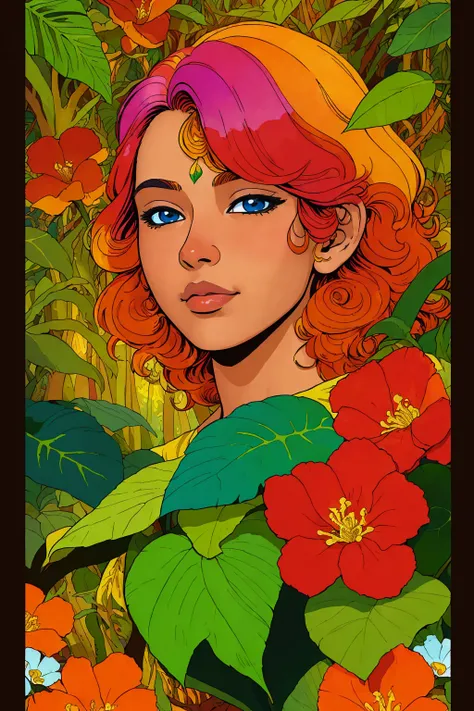 (masterpiece, award winning, best quality:1.3),looking at viewer,
portrait of indian girl with multi color hair, in lush jungle with flowers, sunlight passing through foliage
fantasy, 
masterpiece, best quality, high contrast, best shadow
(comic style, ink painting  by Trina Robbins)
 <lora:add_detail:-0.5>