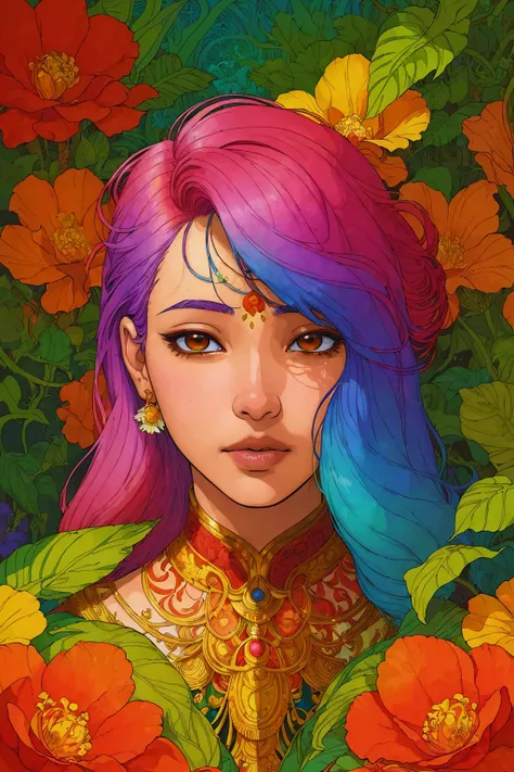 (masterpiece, award winning, best quality:1.3),looking at viewer,
portrait of indian girl with multi color hair, in lush jungle with flowers, sunlight passing through foliage
fantasy,
masterpiece, best quality, high contrast, best shadow
(comic style, ink painting by Trina Robbins and Victo Ngai )