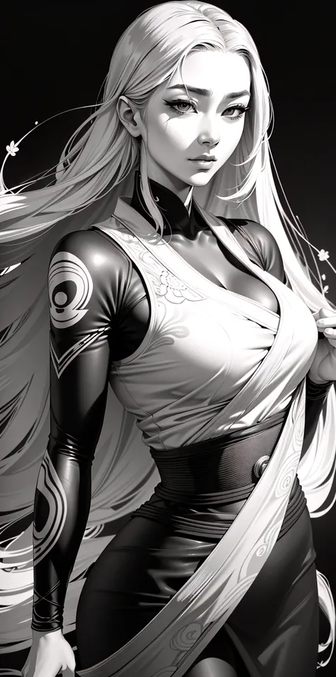 (comic style), (line art:1.5), (1girl:1.3), ((black and white)), hanfu, geisha, ((zen)), (masterpiece, top quality, best quality), extreme detailed background, good composition, good anatomy, perfect lighting, good shading, zen calligraphy, (realistic:1.3),