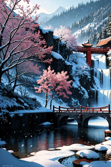 masterpiece, best quality, high quality, extremely detailed CG unity 8k wallpaper, classical chinese garden, scenery, amsterdam, winter,((snowing)),outdoors, sky, day, landscape, water, tree, blue sky, waterfall, nature, lake, river, cloudy sky,award winning photography, Bokeh, Depth of Field, HDR, bloom, Chromatic Aberration ,Photorealistic,extremely detailed, trending on artstation, trending on CGsociety, Intricate, High Detail, dramatic, art by midjourney, (Photorealistic:1.4), (comic style:1.3),