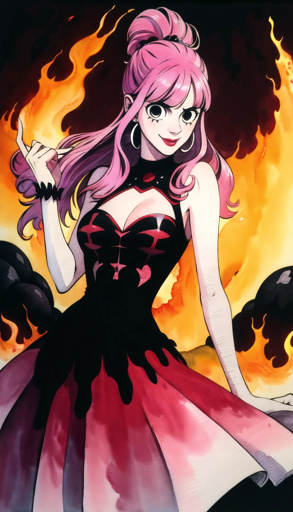 (cowboy shot), (masterpiece), (best quality:1.0), (ultra highres:1.0), highly detailed face and eyes, (watercolor:1.2), brush strokes, vibrant colors
BREAK,
<lora:PeronaChan:1>(PeronaChan:1.25), pink hair, smiling, cheering, one hand raised
<lora:Molten-Fashion-V1:0.7> (lava, molten dress, fire earrings:1.25), cleavage cutout
BREAK
gorgeous view