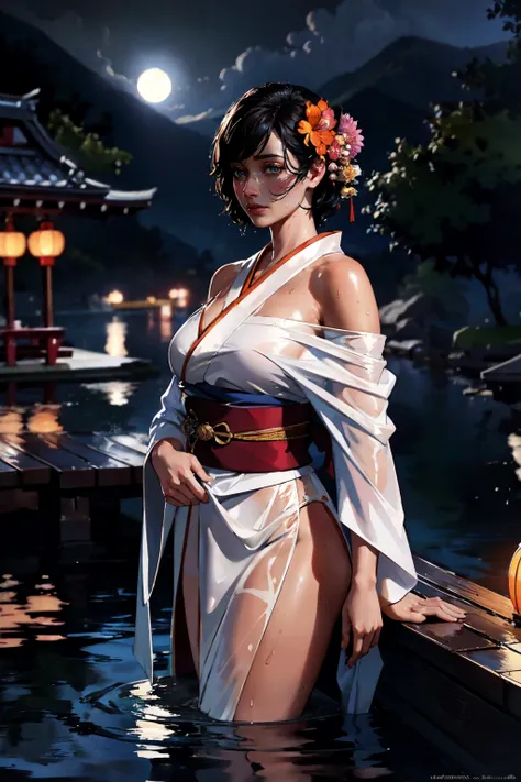peeping photos,yakuza tattoo, Woman in yukata,bare thighs, smile,full of confidence,short hair,Japanese festival,crowd