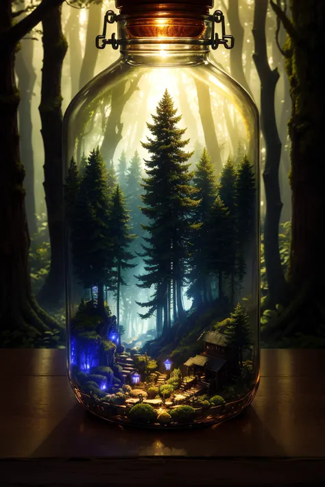 (An intricate forest minitown landscape trapped in a bottle), atmospheric oliva lighting, on the table, 4k UHD, dark vibes, hyper detailed, vibrant colours, epic composition, octane render, sharp focus, high resolution isometric