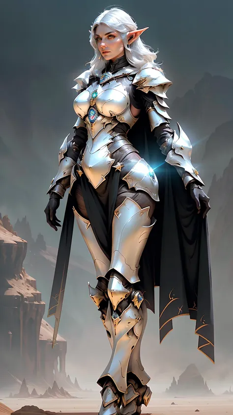 woman wearing magic fantasy mech armor flowing cape, pointed ears, beautiful face, detailed face, medium breasts, voluptuous, medium length silver hair, standing on a barren planet, planet in the sky, perfect lighting, perfect shading, volumetric lighting, subsurface scattering, (perfect body, perfect legs), <lora:nijiarmor_v2:0.8>, (photorealistic:1.37), (mature adult:1.4), (scifi fantasy art)