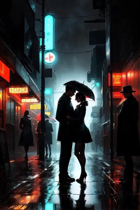A rain-soaked city street, slick with the reflection of neon signs, the only source of light in an otherwise dark and mysterious scene. Long shadows stretch across the pavement as silhouettes of trench-coated figures move through the fog, hinting at secret meetings and hidden agendas.