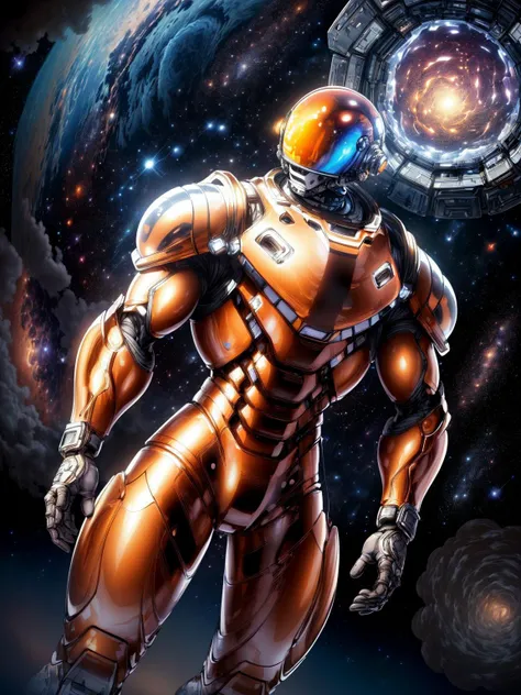 best quality, masterpiece, (dutch angle:1.3), ultrarealistic, astronaut, from distance, gigantic smooth mosaic structure metal suit, light-brown suit, extremely intricate suit, huge, perfectly mirrored helmet, powerful press, ((massive shoulder pads)), massive chestplate, massive bracers, massive leg plates, little indicate lights, weightlessness, reflection of nebula in helmet, space nebula compartment background <lora:more_details:0.45>