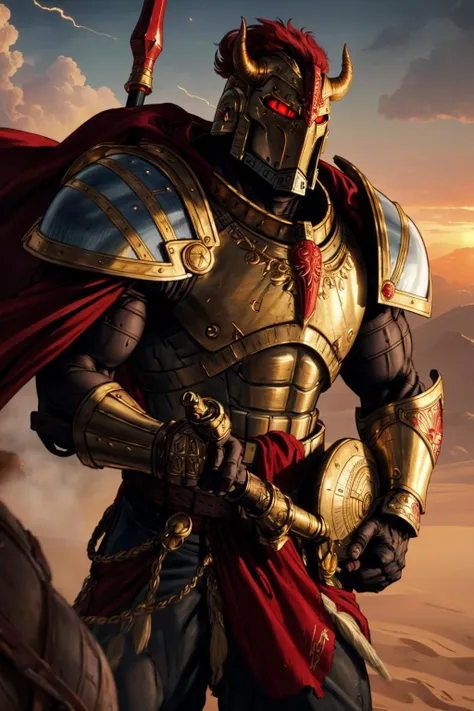 THEPIT, close up portrait, asterion, wearing minotaurs armor, helm details, plume, full armor, glowing red eyes, dual wielding, pauldron, gold armor, armor detail, bull ornament, bronze trimmings, red trimmings, pelvic curtain, cape, holding shield, holding polearm, battle, army, firing, gun, charging standing by desert storm, sandstorm, dune, dark ambiance, dawn, dim sun light, (masterpiece:1.2) (illustration:1.2) (best quality) (detailed) (intricate) (8k) (HDR) (wallpaper) (cinematic lighting) (sharp focus)(highly detailed face) <lora:thepit-10_v2:.6><lora:add_detail:.3> > <lora:THE MINOTAURS MK1 by CARAXES:.3>