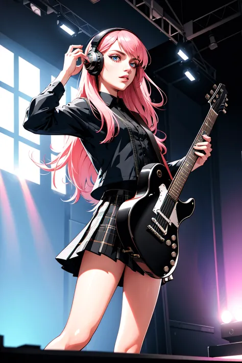 (flat color:1.55), (line art), ((2D)), ((1girl)), ((cinematic light)), colorful, hyper detail, dramatic light, intricate details, best quality, (extremely detailed, unity, 8k wallpaper, masterpiece, best quality, ultra-detailed, best shadow), (detailed background:1.4), (beautiful detailed face, beautiful detailed eyes), High contrast, (best illumination, an extremely delicate and beautiful), (girl:1.5), solo, black skirt, blue eyes, electric guitar, guitar, headphones, holding, holding plectrum, instrument, long hair, music, one side up, pink hair, playing guitar, pleated skirt, black shirt, indoors ((caustic)), dynamic angle,beautiful detailed glow,full body, cowboy shot, (photorealistic:1.2), (mature adult:1.4), volumetric lighting, subsurface scattering, realistic fabric textures, (goth girl), eye shadow, lip piercing,