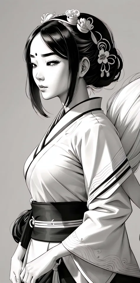((comic style)), (line art:1.53), (1girl:1.3), ((black and white)), hanfu, geisha, ((zen)), (masterpiece, top quality, best quality), extreme detailed background, good composition, good anatomy, perfect lighting, good shading, zen calligraphy, perfect shading, perfect lighting, subsurface scattering, (photorealistic:1.38),