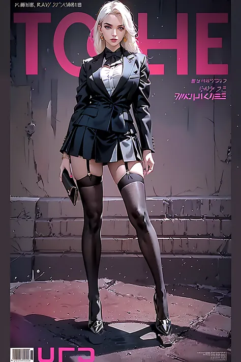 (soft light: 1.2), (cinematic masterpiece), (cinematic spotlight), beautifully detailed glow, ambient shading, ambient light, ray tracing reflections, (better lighting, extremely soft and beautiful), ((cinematic light)), (soft), cover magazine featuring a sexy girl as the central character, supermodel, She stands confidently in the center of the page with a pretty face, white hair, purple eyes, (sexy legs), sheer thigh high stockings, wearing a stylish (sexy school uniform), black pleaser heels, black blazer school jacket, (mini black skirt), earrings, The color palette is mainly dark with splashes of vibrant colors, giving the poster a dynamic and visually striking appearance, tachi-e (magazine:1.3), (cover-style:1.3), (simplistic logo, good design), (photorealistic:1.4), (professional photography), fashionable, woman, vibrant, outfit, posing, front, colorful, background,striking, modern, trendy, fashion, volumetric lighting, subsurface scattering, (good anatomy, good proportions, good composition, highest quality, award winning, masterpiece), (dynamic pose, power pose), cinematic, ((intricate, detailed)), (realistic detailed fabric textures), ((focus)), <lora:beautifulDetailedEyes_v10:1.5>, (mature adult:1.33),