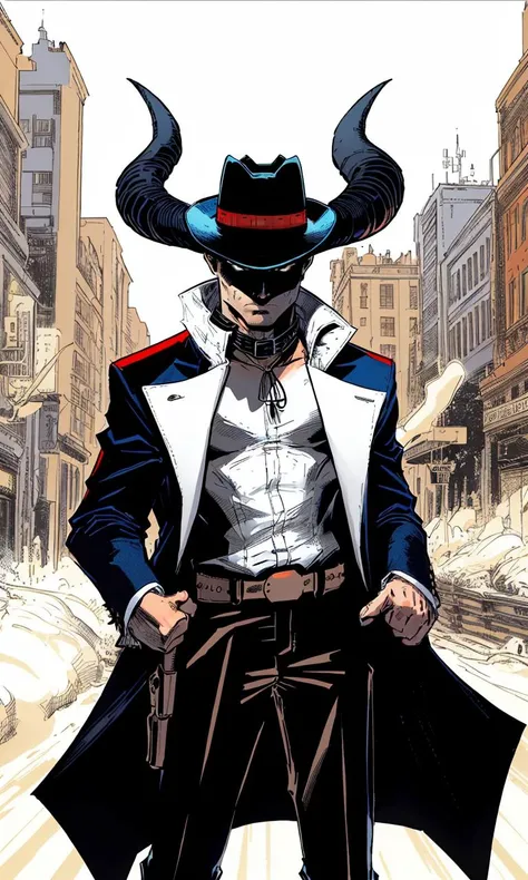 toddmac2023, gunslinger, comic style, flat colors, 8k, uhd, best quality, otherworldly. horns, perspective, long collar, cowboy hat, western, long coat, pistols