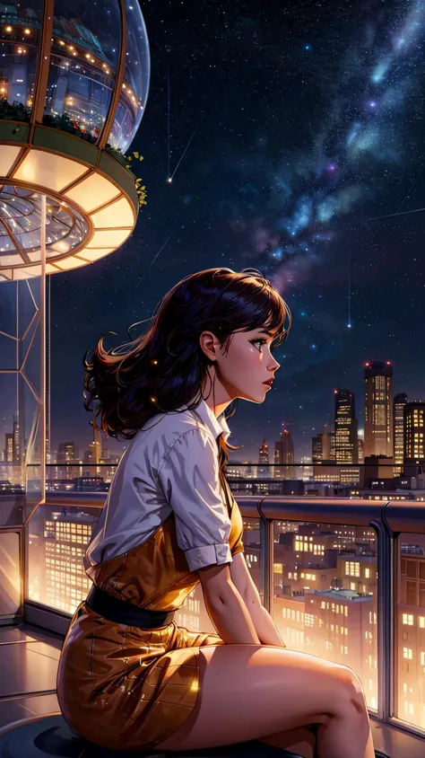 best quality, masterpiece, extremely detailed, detailed background, anime, 1girl, young girl, short girl, sci-fi, science fiction, outdoors, night, starry sky, (greenhouse), (megastructure), (city inside a bio-dome), landscape, scenery, horizon, rooftop, (sitting on rooftop), (hair blowing in the wind), (looking at the sky), (atmospheric lighting), solo focus, close up, from side, depth of field, bokeh