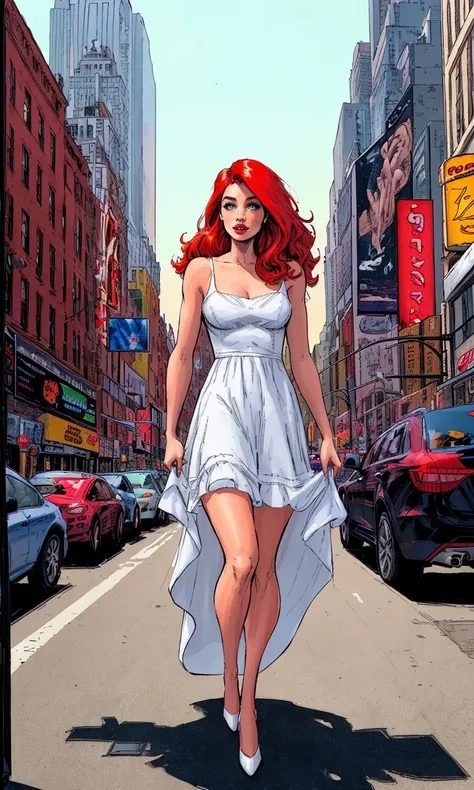 toddmac2023, Maryjane Watson walking, comic style, 8k, uhd, best quality, perspective, 1girl, new york city, vibrant colors, white sundress,