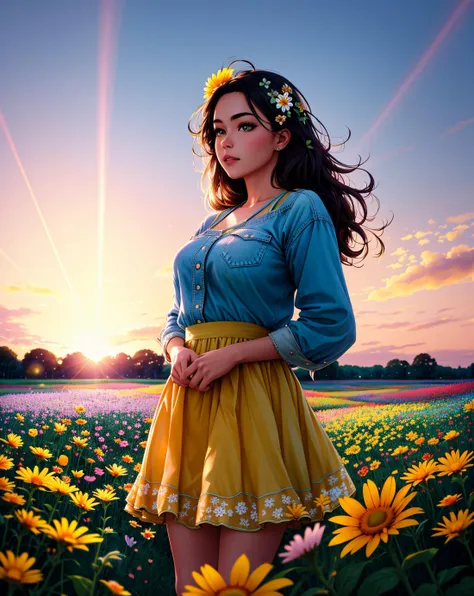 analog proto, beautiful young girl standing in a field of colourful flowers, summer, beautiful lighting, (photorealistic, sharp focus), ultra detailed, closeup