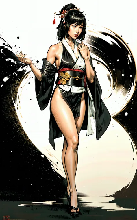 (1girl:1.3), ((black and white)), (hanfu, asian face, geisha), beautiful face, (beautiful kimono), ((zen)), (simple background, paint splash background), good composition, good anatomy, perfect lighting, perfect shading, zen calligraphy, stunning, gorgeous, seductive, sexy, (dynamic pose), detailed, intricate, (photorealistic:1.35), ((empty hands)), crosshatch:0.2, <lora:Serpieri:0.4>, ((art by adam hughes)), (masterpiece, award winning, best quality:1.3), g