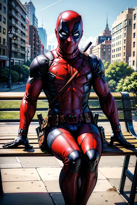 (comic poster), (illustration), (deadpool), (Photorealistic:1.5), (sitting on a park bench in NYC), looking at viewer, (beautiful detailed background), dramatic, cinematic, highest quality, masterpiece, (empty hands), <lora:Deadpool:0.2>