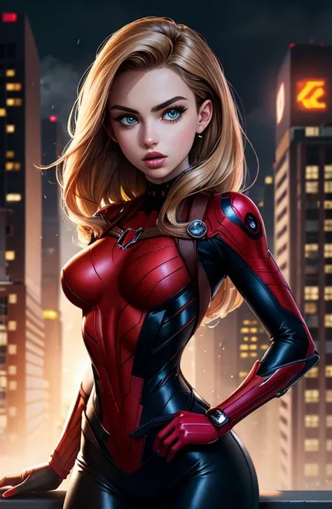 (comic style), 1girl, dark scene, (medium close up shot of NoraHepsie as black widow), unmasked, (realistic:0.8), athletic, night city, (mist), particles, (light rain), woman focus, muscular:0.1, night, outdoors, rain, serious, dark atmosphere, city lights, (reflective glass), sky scrapers, new york city, detailed city background, dynamic pose, dramatic camera angle, (Art by J Scott Campbell:1.6), (volumetric lighting), (best quality), intricate details, tonemapping, sharp focus, very detailed, trending on Artstation, ((empty hands)), (good composition), (good proportions), (good architecture), (award winning), (masterwork), (masterpiece), woman centered:0.15, <lora:epiNoiseoffset_v2:0.42>, (open outfit:1.3), pokies